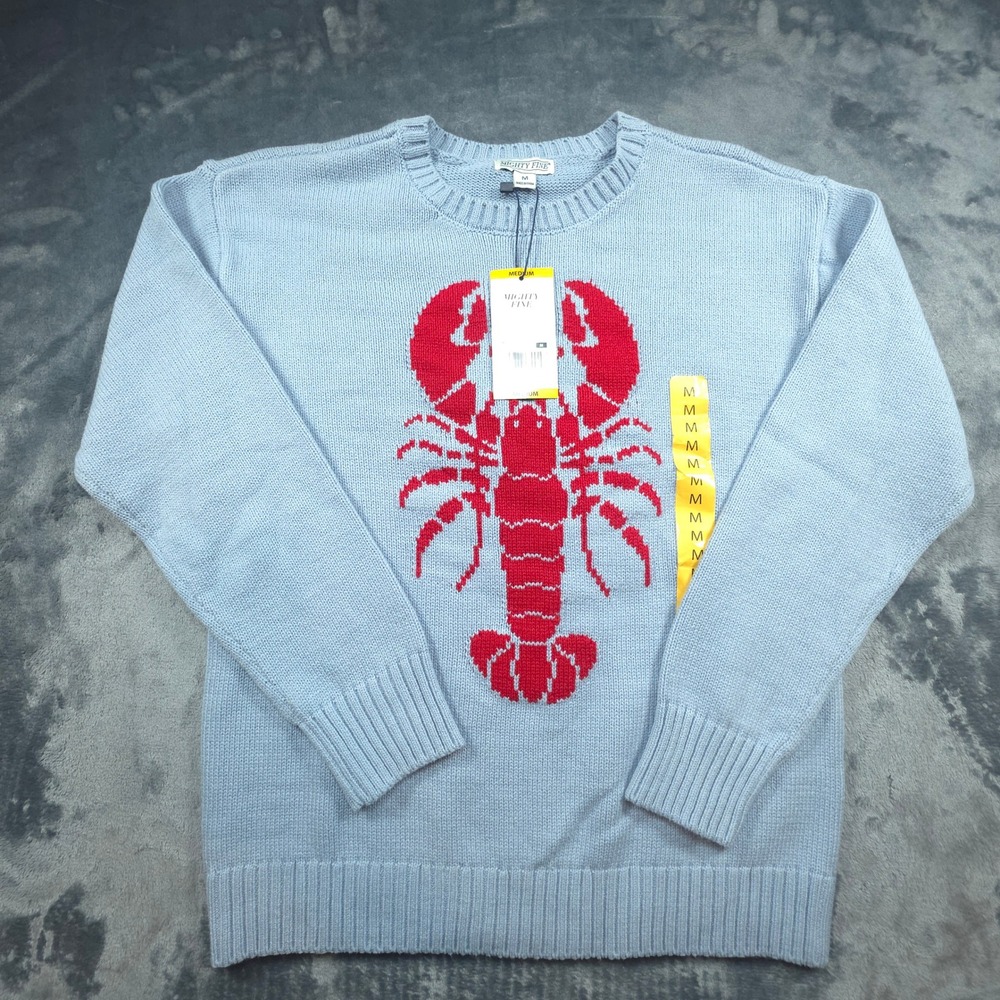 Mighty Fine Women Light Blue Red Lobster Graphic Crewneck Sweater Medium NWT